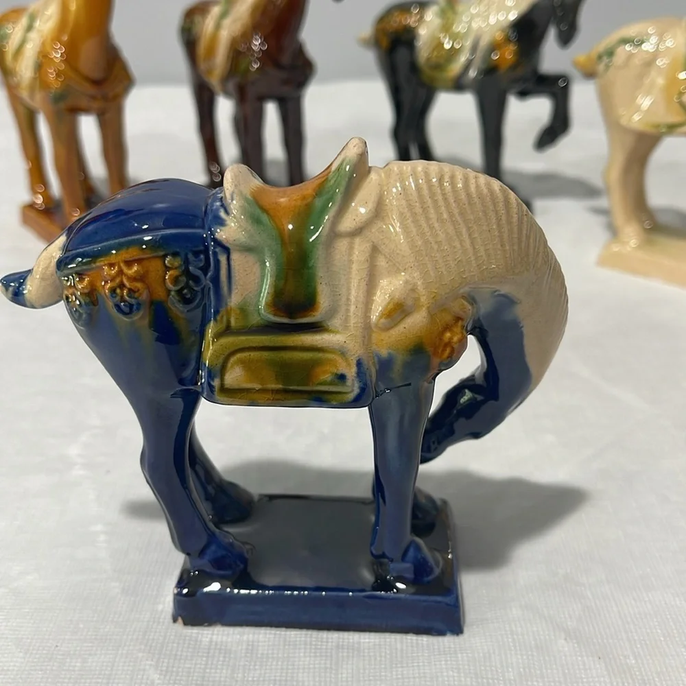 Vintage Chinese Tang Dynasty Majolica Sancai Drip Glaze War Horses set of 6 - Picture 5 of 16